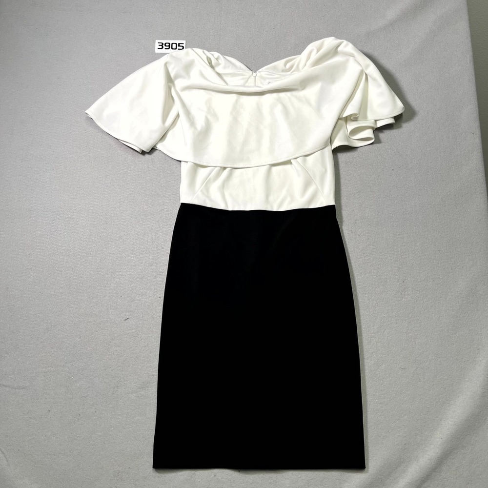 Calvin Klein Sheath Dress 4 Womens Black White Off Shoulder Ruffle Cocktail